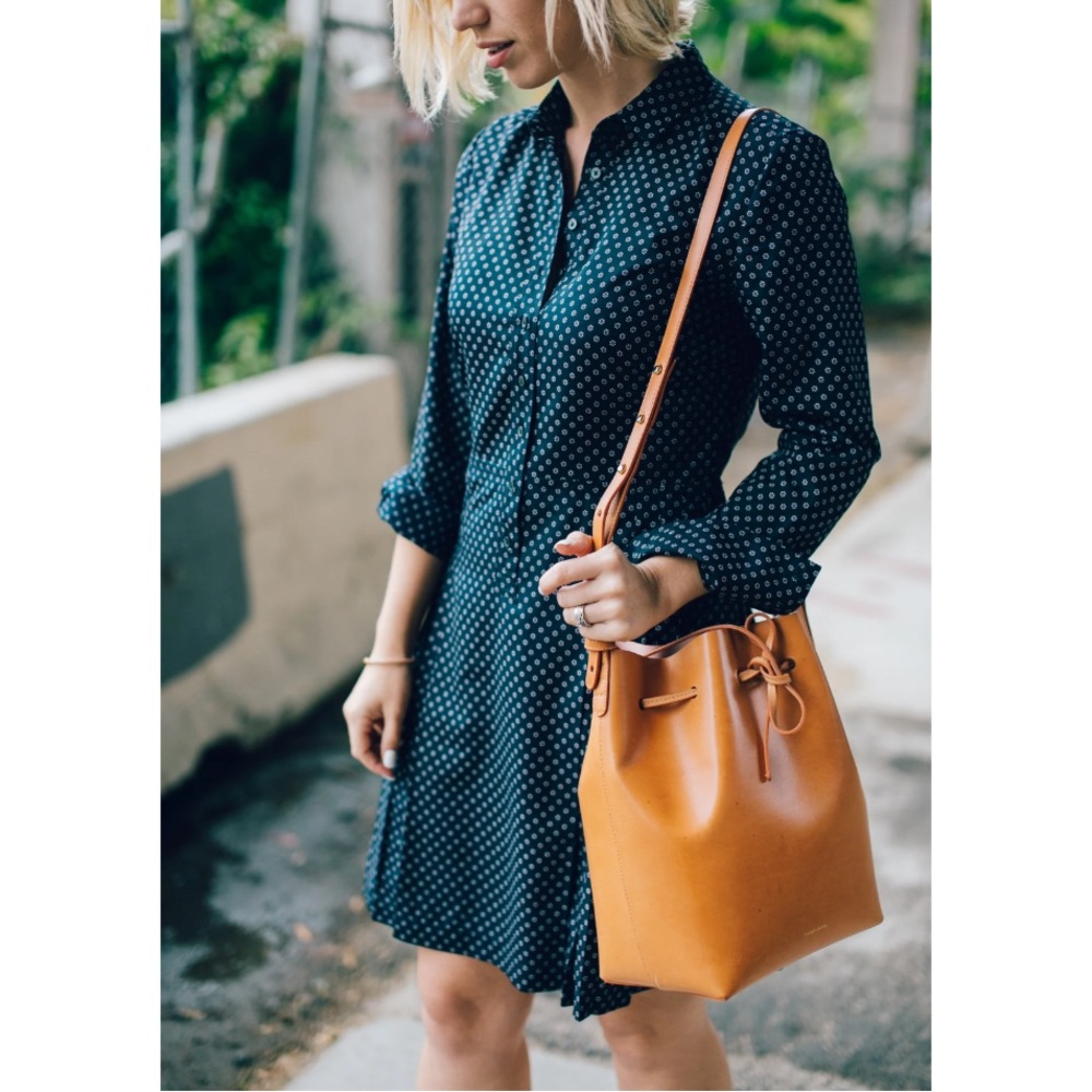 Banana Republic Navy Polka Dot Midi Dress with Tan Leather Bag